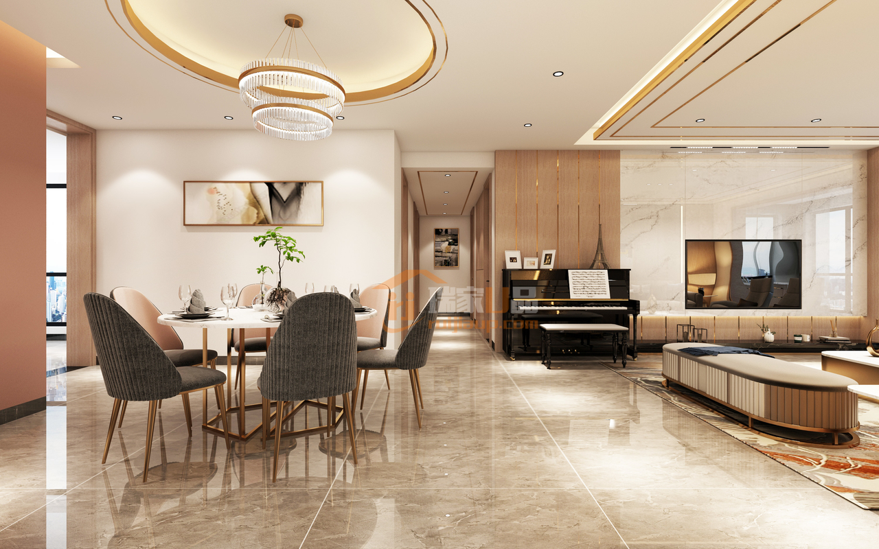 餐厅与客厅相互连通又相对独立，灵活可变，让空间的每一部分都能得到高效利用。